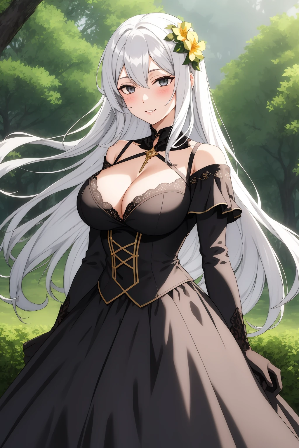 alfia, anime_art_style, 1girl, solo, long_hair, breasts, looking_at_viewer, blush, smile, bangs, large_breasts, hair_ornament, gloves, long_sleeves, dress, cleavage, hair_between_eyes, bare_shoulders, very_long_hair, green_eyes, upper_body, flower, white_hair, grey_hair, outdoors, parted_lips, detached_sleeves, day, artist_name, hair_flower, off_shoulder, black_dress, tree, grey_eyes, floating_hair, frilled_dress, nature, forest, skirt_hold, off-shoulder_dress