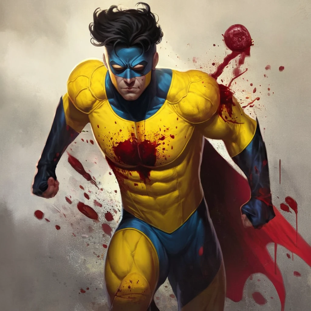 concept art of  <lora:Invincible:1.5>
Invincible a man with a bloody face and a yellow superhero costume, digital artwork, illustrative, painterly, matte painting, highly detailed