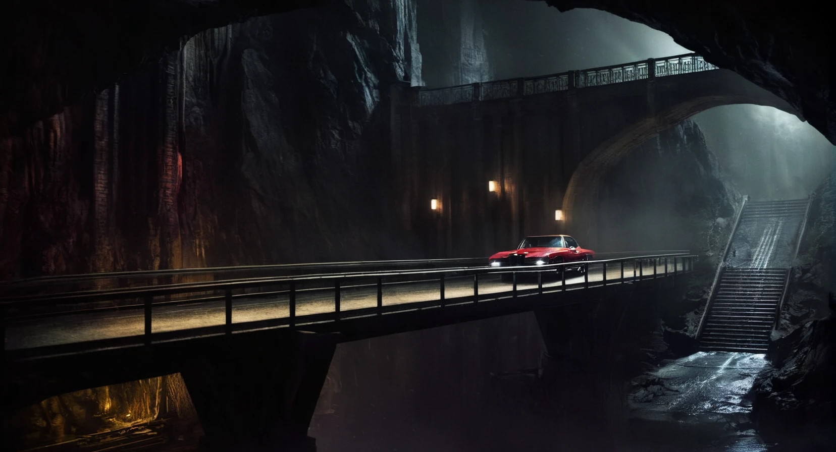 Dark Fantasy Art of  <lora:Gotham City:1.2>
Gotham City a car on a bridge inside batcave, dark, moody, dark fantasy style