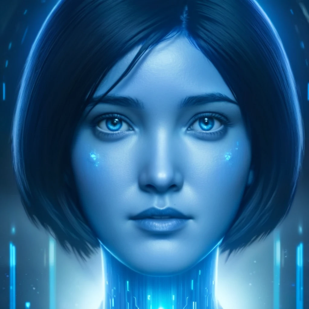Advertising poster style, <lora:Cortana Halo:1.2>
Cortana Halo a fictional artificially intelligent woman character in the Halo video game series with black hair and blue eyes, Professional, modern, product-focused, commercial, eye-catching, highly detailed