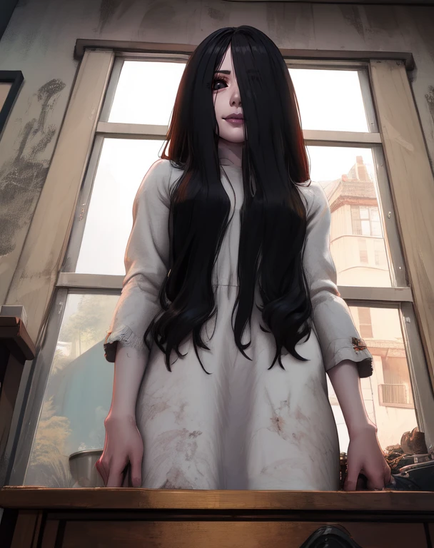 Sadako,long black hair,pale skin,hair over eyes,White dress,long sleeves,dirty clothes,smile,black eyes,
serious,from below,
solo,dark room,well,night,
(insanely detailed, beautiful detailed face,beautiful detailed eyes, masterpiece, best quality),<lora:TheOnryoS-10v7:0.8>,