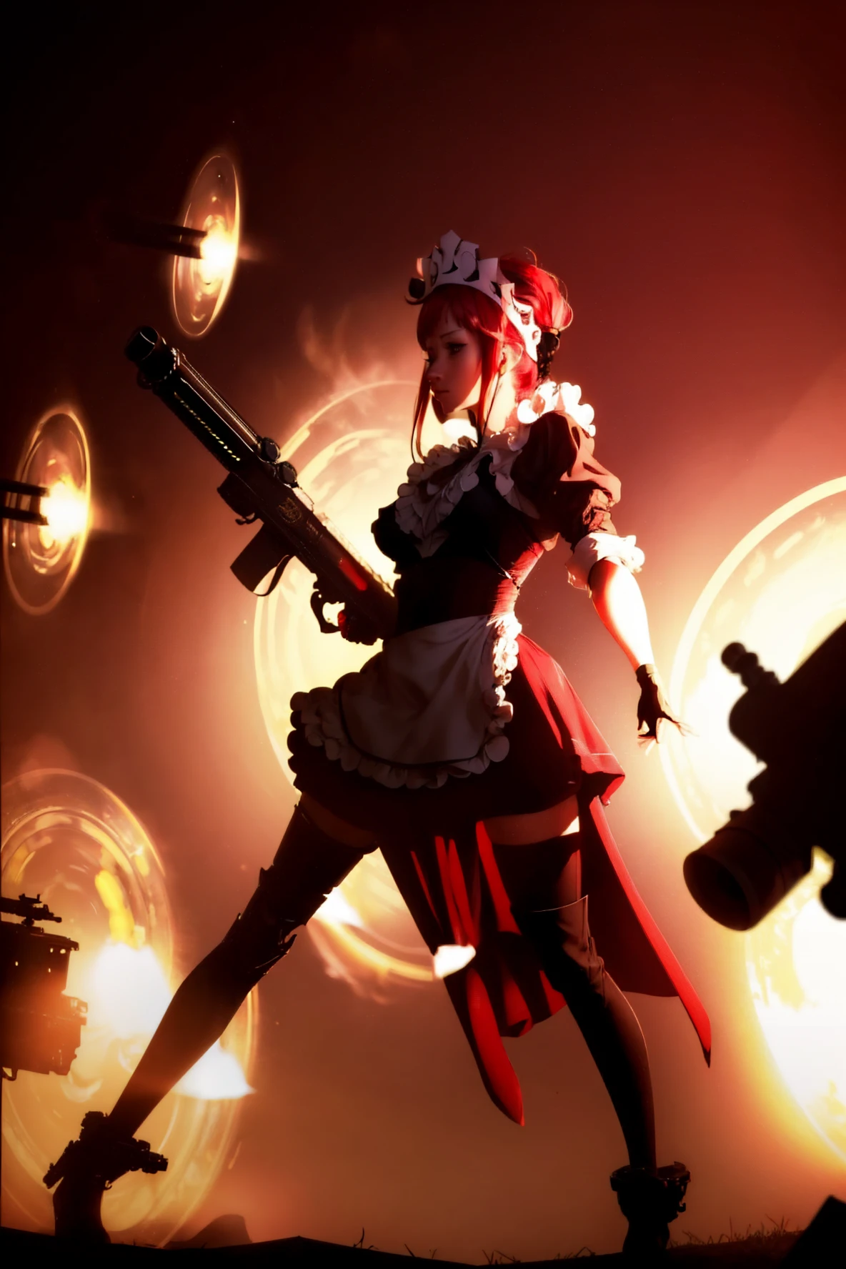 <lora:Gate_of_****lon-09:1>gate_of_****lon, 1girl, solo, guns, glowing circles in background, back lighting, raised arm   <lora:tow-concept-richy-v2:0.8> towlauncher, tripod, scope <lora:felicia-fe-richy-v1:0.8> feliciadef, maid, maid headdress, black thighhighs, feliciapicnic, hairband, red thighhighs