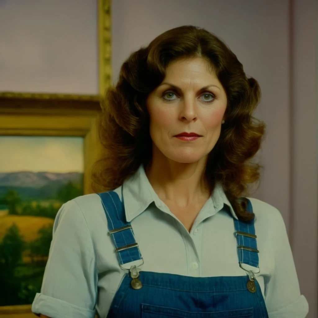 cinematic film still of <lora:Kay Parker:1> Kay Parker
<lora:cinematic vintage film:1>
a woman in overalls standing in front of a painting cinematic vintage film style, shallow depth of field, vignette, highly detailed, high budget, bokeh, cinemascope, moody, epic, gorgeous, film grain, grainy