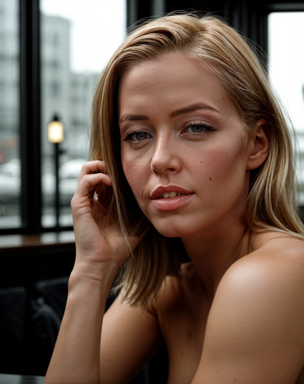 cinematic film still (realistic, photorealistic), realistic, Dutch angle, intricate details, <lora:quiron_SophieMoone_v1_lora:0.67> SophieMooneQuiron woman,, (high quality skin), (high detailed face skin), (realistic iris), (realistic pupils), (skin pores), (skin imperfections:0.27), . shallow depth of field, vignette, highly detailed, high budget Hollywood movie, bokeh, cinemascope, moody, epic, gorgeous, film grain, grainy