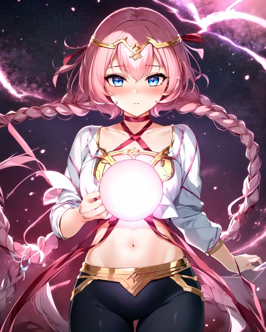 <lora:e7 Tenebria2:0.85> e7 Tenebria, long twin braids,
holding a pink orb of light, surrounded by a pink light, pink aura, power surge, stary night sky, (masterpiece),  best quality, highres, 4k, 8k, Detailed Illustration, intricate detail, cinematic lighting, amazing quality, 1girl, fit female, amazing shading, soft lighting, facing camera, perfect eyes