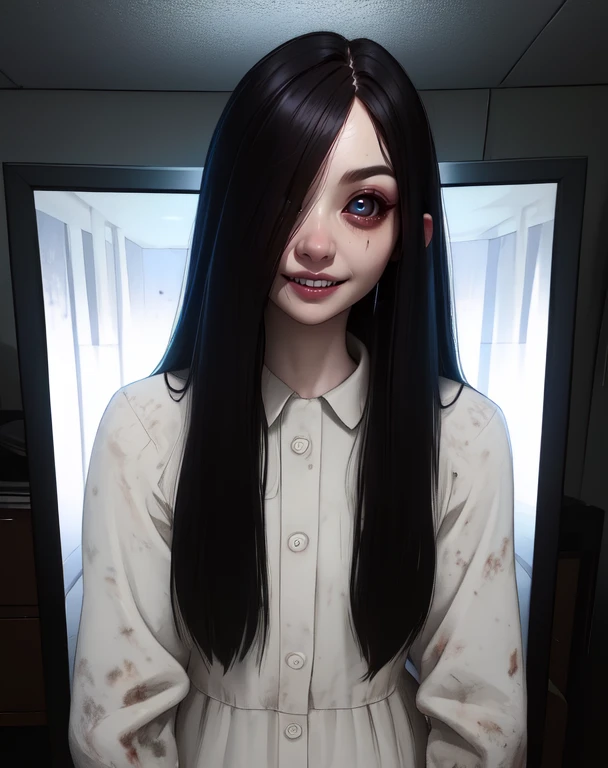Sadako,long black hair,pale skin,hair over eyes,White dress,long sleeves,dirty clothes,smile,
standing,upper body,
solo,dark room,large TVs,
(insanely detailed, beautiful detailed face,beautiful detailed eyes, masterpiece, best quality),<lora:TheOnryoS-10v7:0.8>,