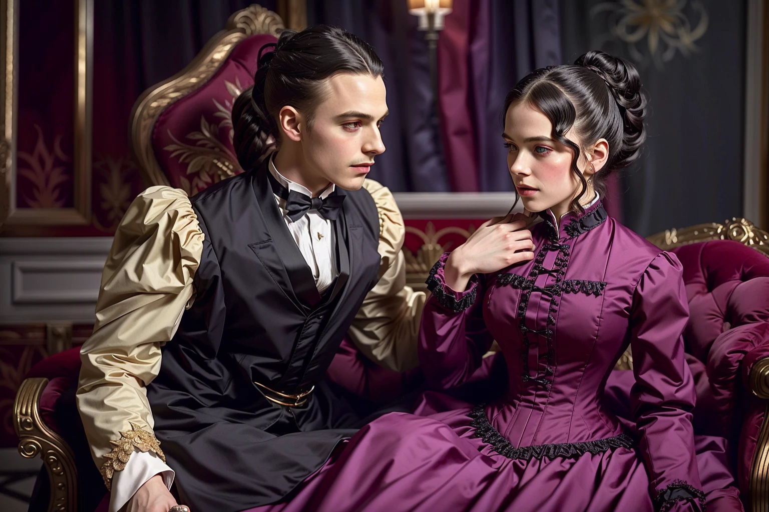 1boy, 1girl, movie still of a woman in a dress flirting with Count Dracula wearing suit
1880_dr3ss <lora:1880_dress_v1:1>
