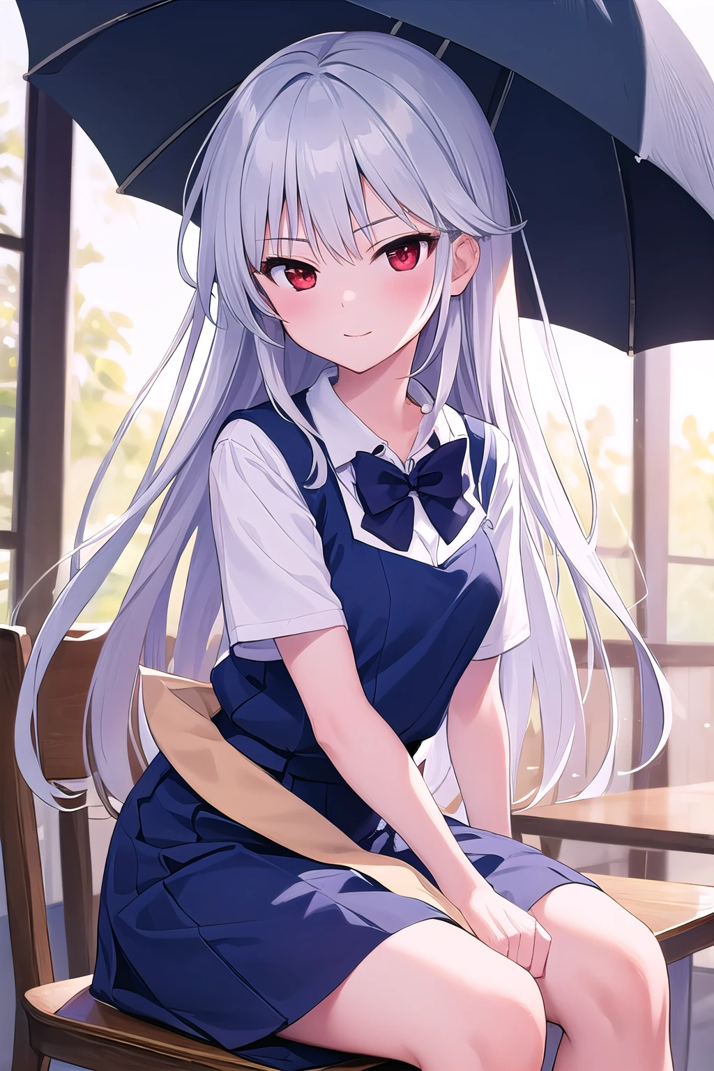 masterpiece, best quality, ultra-detailed, 1girl,  kazami kazuki, silver hair,long hair, red eyes, school uniform, blue bow