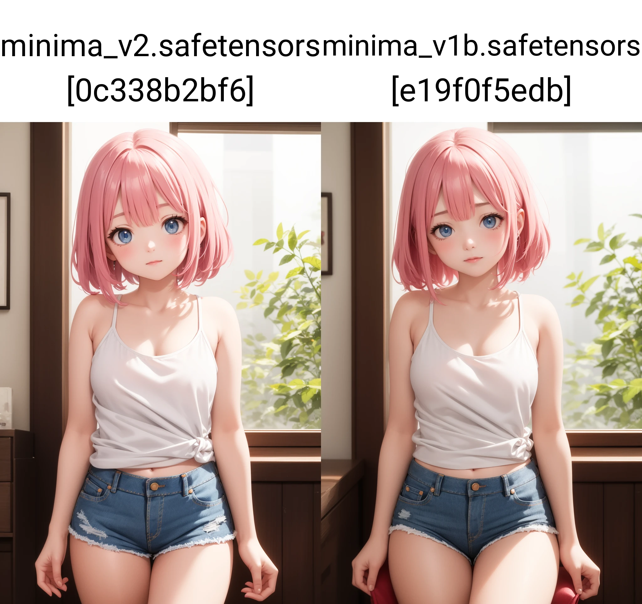 masterpiece, best quality, 1girl, pink hair, blue eyes, tank top, downblouse, denim shorts, closed mouth