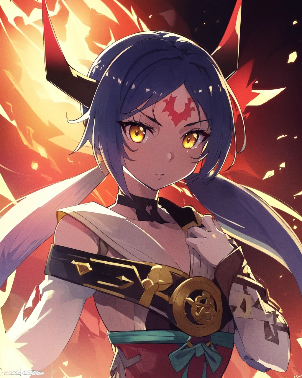 <lora:e7 ARavi:0.95> e7 ARavi, yellow eyes, flat chest,, (masterpiece), best quality, highres, 4k, 8k, Detailed Illustration, intricate detail, cinematic lighting, amazing quality, 1girl, fit female, amazing shading, soft lighting, facing camera, perfect eyes