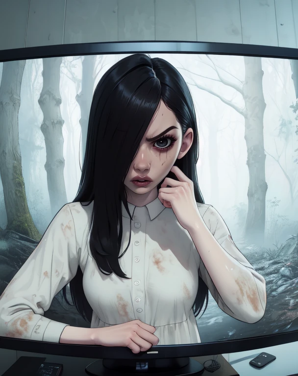 Sadako,long black hair,facing viewer,pale skin,hair over eyes,angry,small breasts,White dress,long sleeves,dirty clothes,
solo,dark room,large TVs,horror \(theme\),
(insanely detailed, beautiful detailed face,beautiful detailed eyes, masterpiece, best quality),<lora:TheOnryoS-10v7:0.8>,