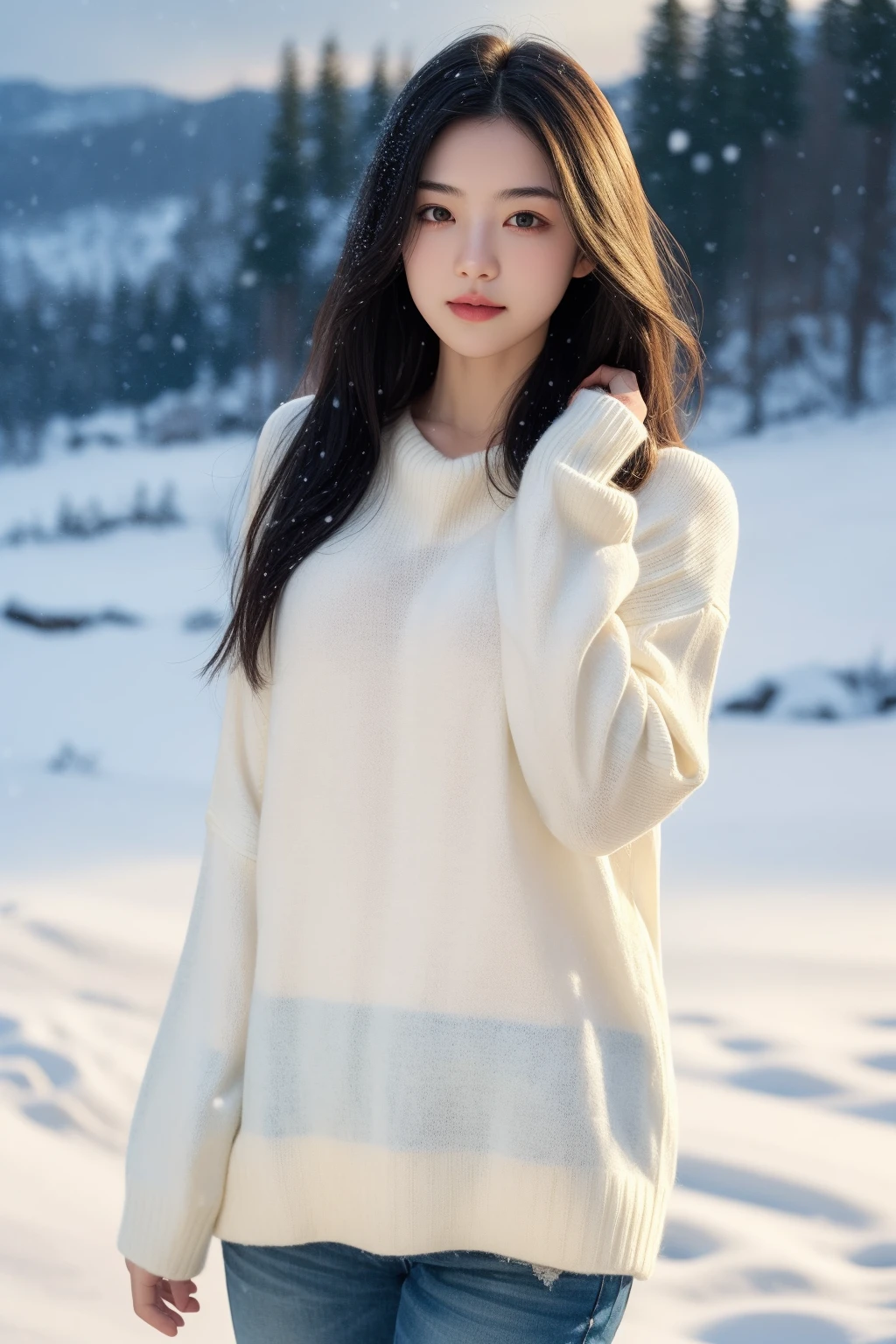 1girl, long hair,sweater, snowing background,