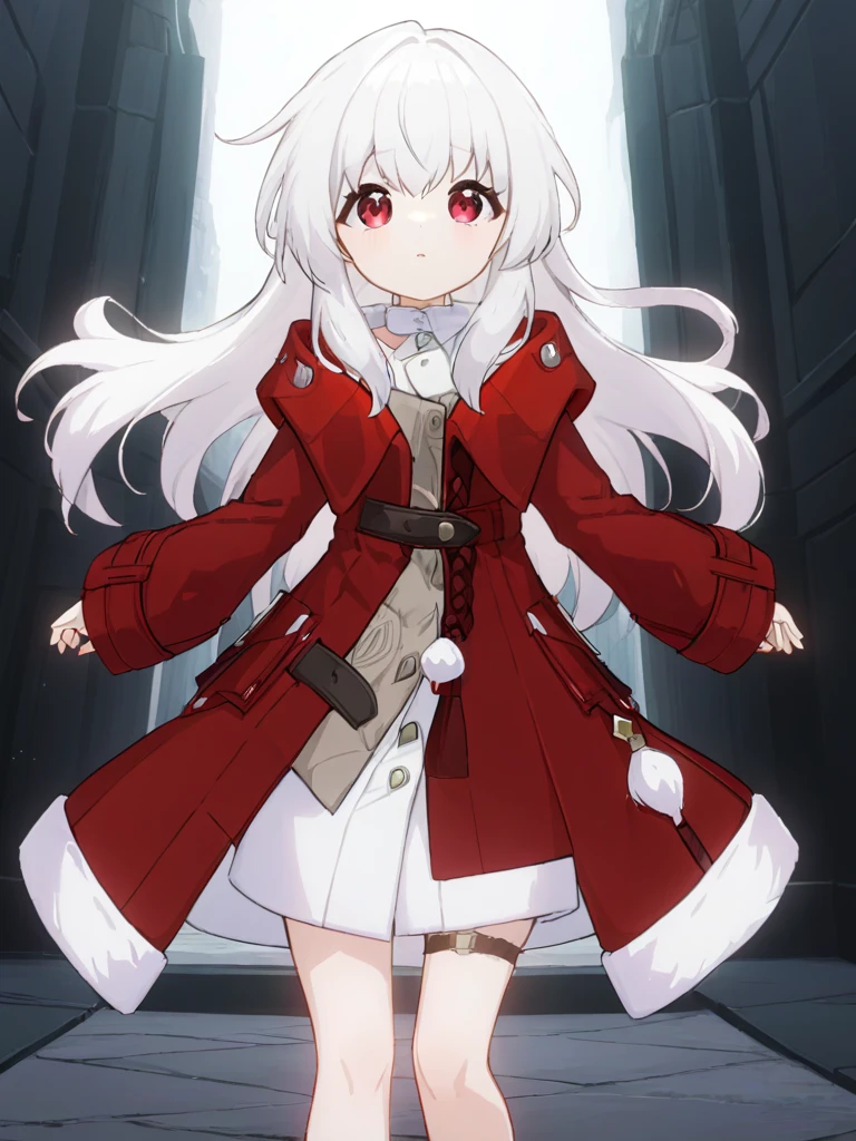 <lora:xl_kelala girl2-000012:1>,kelala girl,white hair,Red eyes,red Coatventure\(clothing)\,