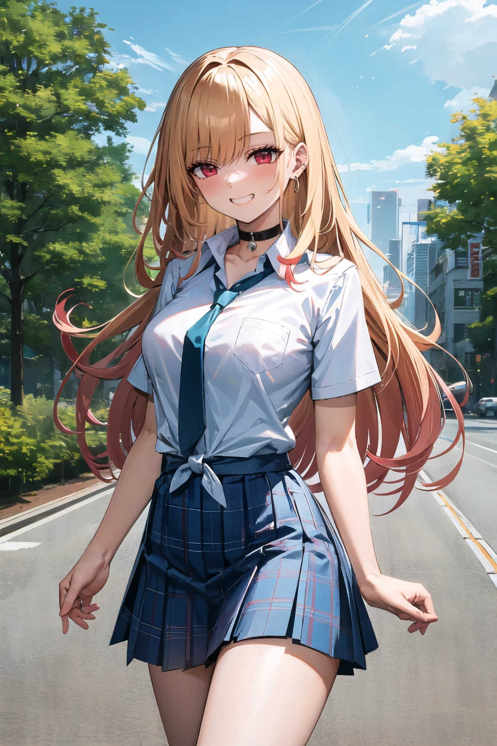 masterpiece, best quality, highres, kitagawa marin, 1girl, blonde hair, long hair, multicolored hair, red eyes, jewelry, earrings, piercing, school uniform, white shirt, tied shirt, black choker, blue necktie, plaid skirt, <lora:kitagawa_marin_v1-1:0.7>, grin, smile, standing, cowboy shot, outdoors, <lora:Misaka120003-Style:1>