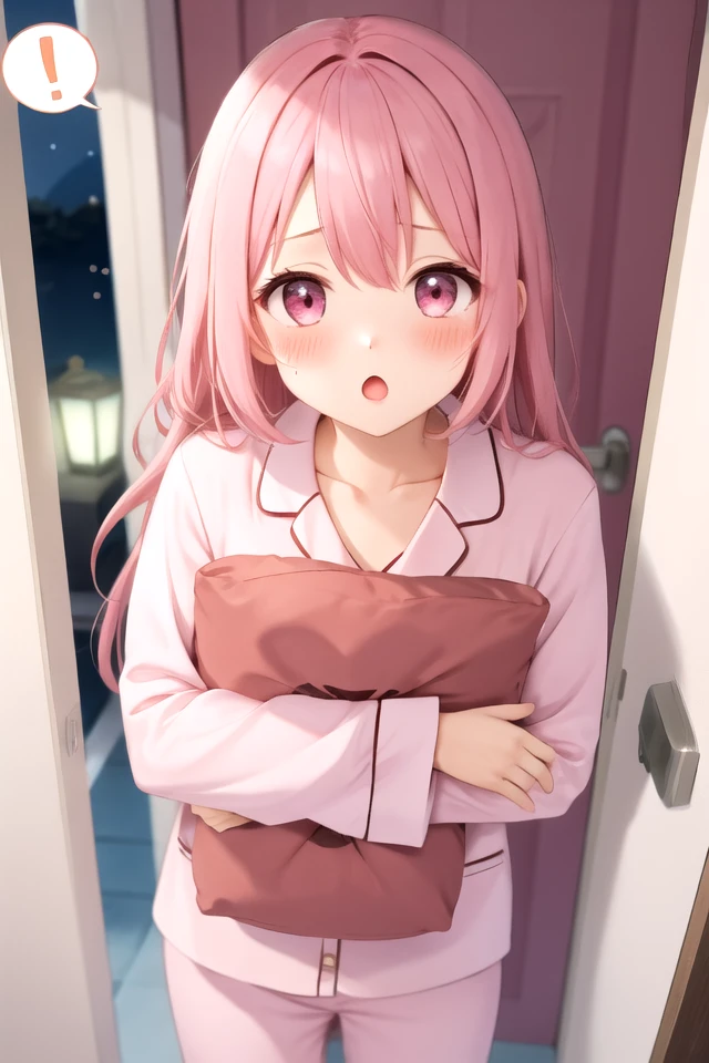 masterpiece, best quality, absurdres, extremely detailed, illustration, cute, perfect lighting, <lora:pillow_v3-000010:1>, pillow hug, standing, 1girl, solo, full-face blush, spoken exclamation mark, pink hair, sweat, :o, pajamas, open door, from above, night