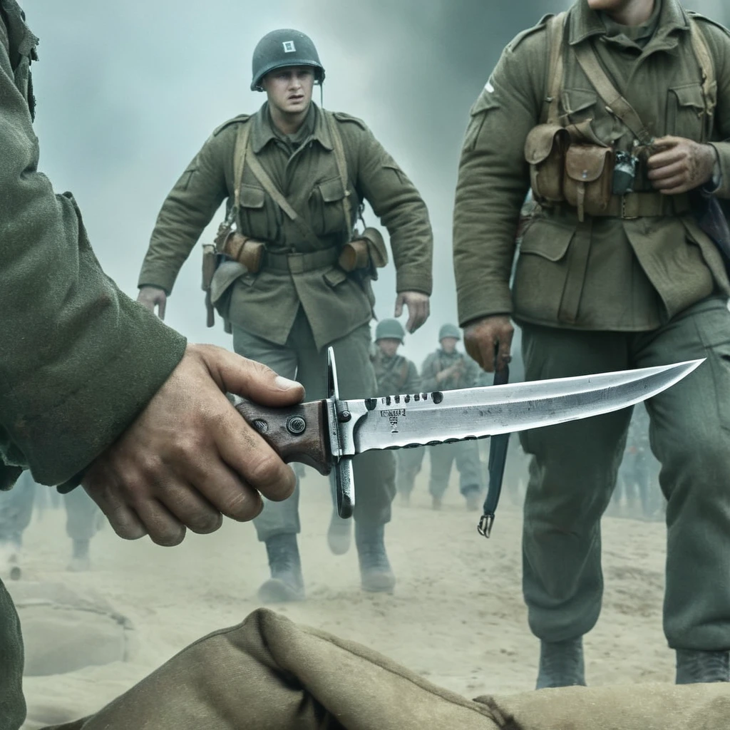 concept art of a soldier with an epic perfect shaped knife in his hand Saving Private Ryan Cinematic Film Style
<lora:Saving Private Ryan Cinematic Film Style:1>
<lora:PerfectEyesXL:1> <lora:lora6:1>
<lora:perfect hands:1>
perfect hands, digital artwork, illustrative, painterly, matte painting, highly detailed