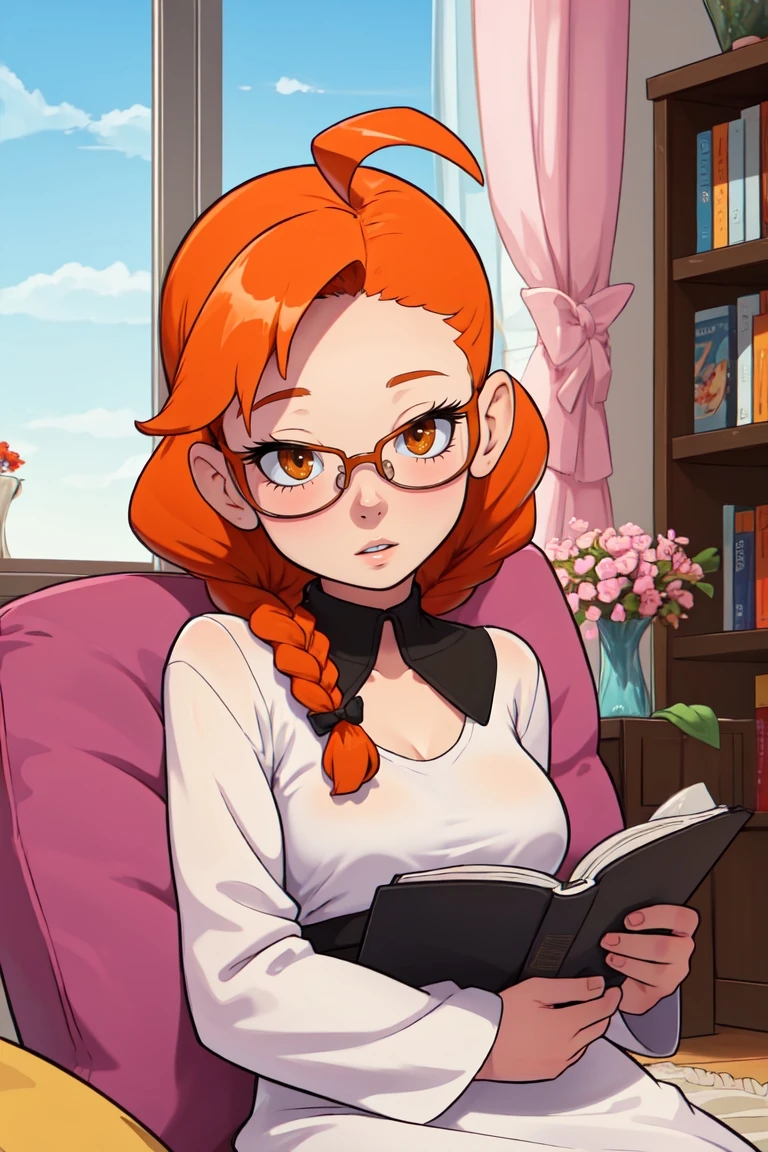 (masterpiece, best quality:1.2), 1girl, solo, medium breasts, beige eyes, looking at viewer, day, sky, windy, lying, indoors, bedroom, television, bookshelf, rug, curtains, armchair, ottoman, floor lamp, remote control, coffee table, reading glasses, long hair, braided bangs, ahoge, wrap dress, disgusted, rhombus-shaped face, angular chin, broad forehead, upper body, parted lips, gradient background, orange background