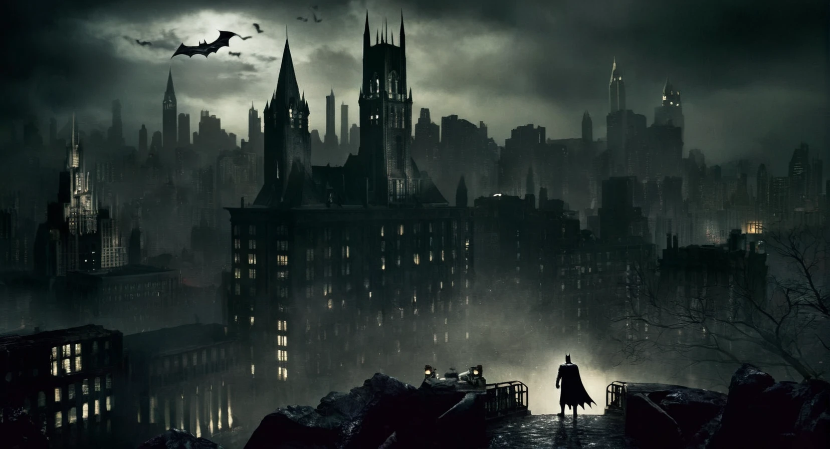 Dark Fantasy Art of <lora:Gotham City:1.2>
Gotham City a batman scene with Gotham city in the background, dark, moody, dark fantasy style