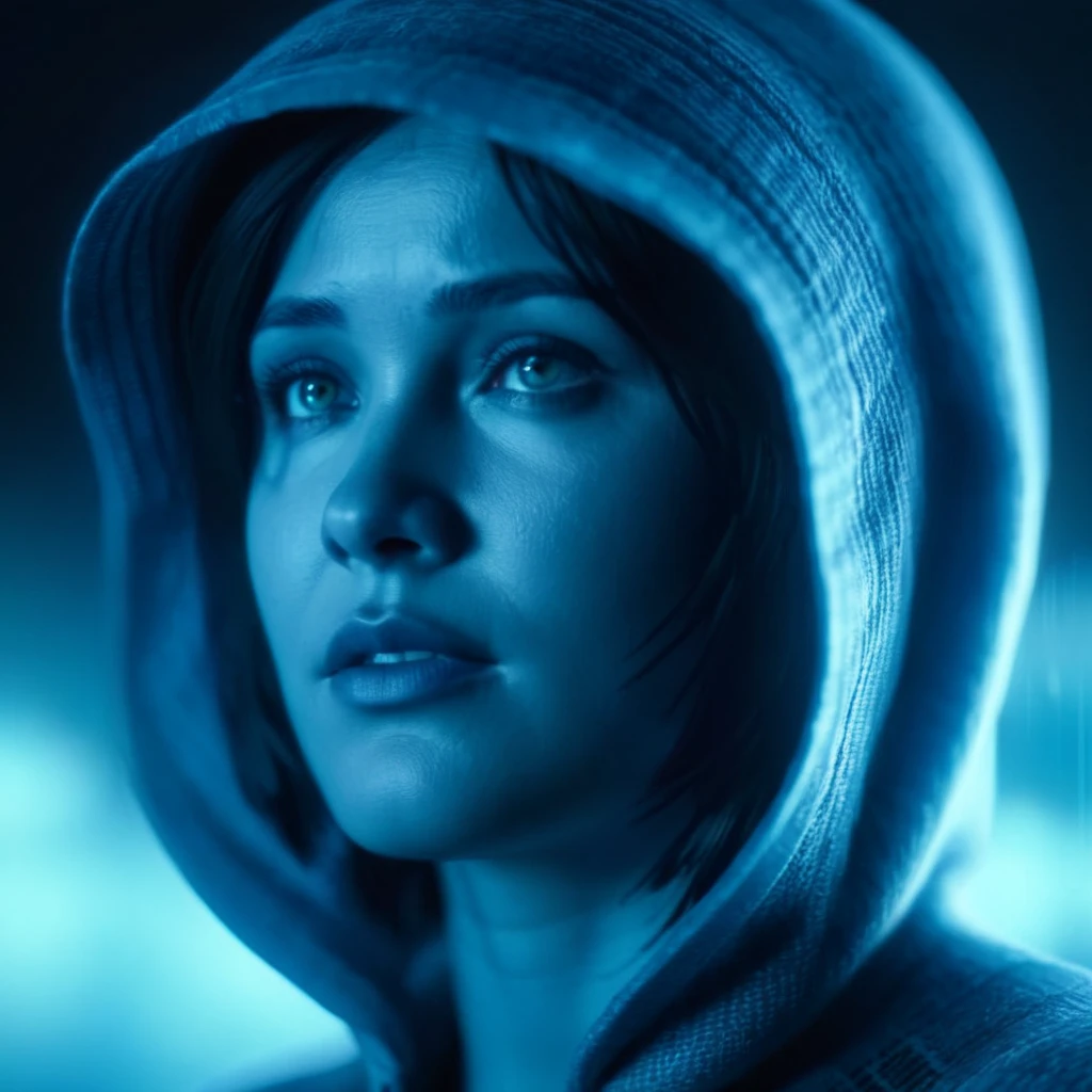 cinematic film still of <lora:Cortana Halo:1.2>
Cortana Halo a woman with a reflective eyes and a hoodie on, shallow depth of field, vignette, highly detailed, high budget, bokeh, cinemascope, moody, epic, gorgeous, film grain, grainy