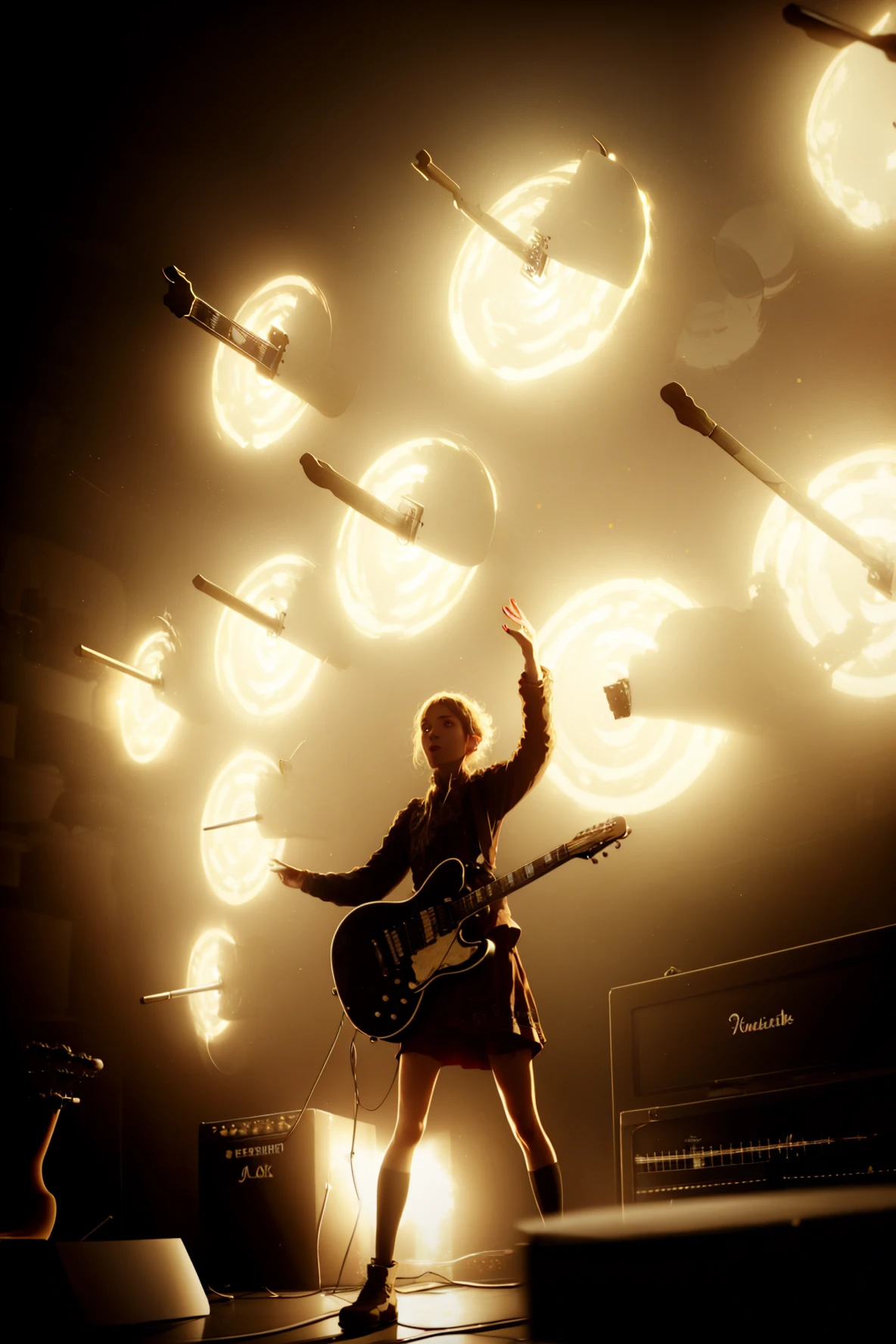 <lora:Gate_of_babylon-09:1>gate_of_babylon, 1girl, solo, glowing circles in background, back lighting, raised arm  <lora:anime_guitarv1:0.75> guitar, electric guitar, lots of guitars