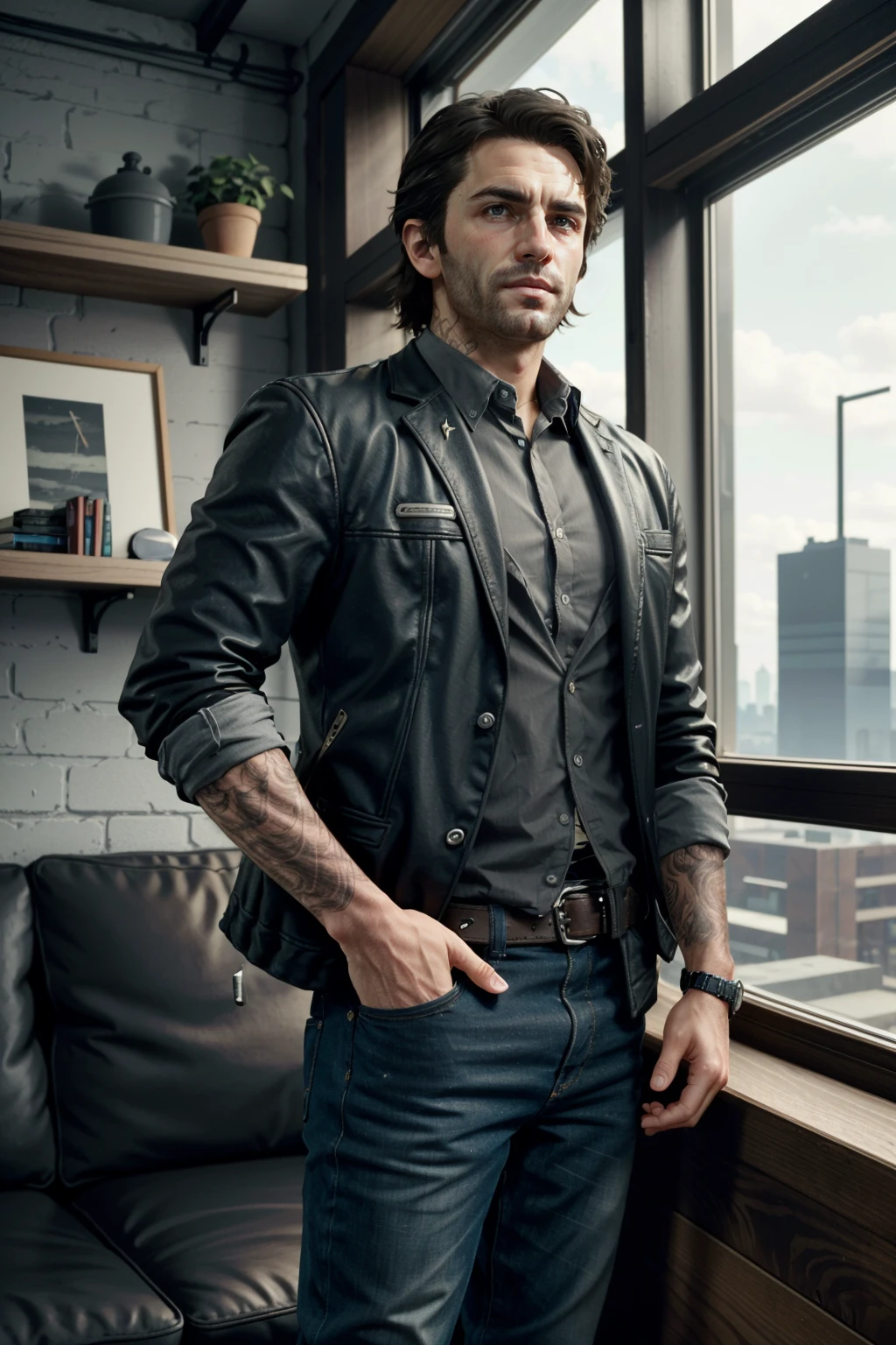 ((ultra detailed, masterpiece, best quality))
<lora:DaysGoneDeek:0.8>
DaysGoneDeek, 1boy, solo, portrait, In an upscale loft with industrial aesthetics, sharp business attire, large windows with city views, standing near a leather couch with a confident look