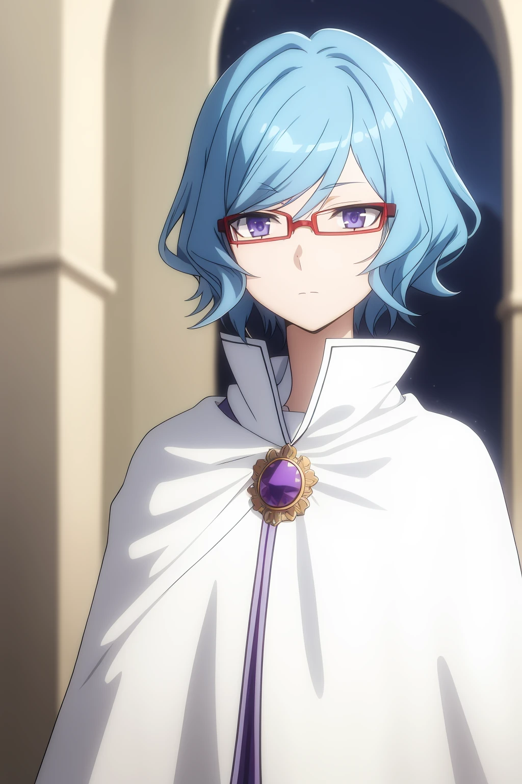 asfi, 1girl, solo, looking_at_viewer, short_hair, bangs, blue_eyes, closed_mouth, blue_hair, purple_eyes, upper_body, glasses, cape, blurry, expressionless, semi-rimless_eyewear, cloak, high_collar, white_cape