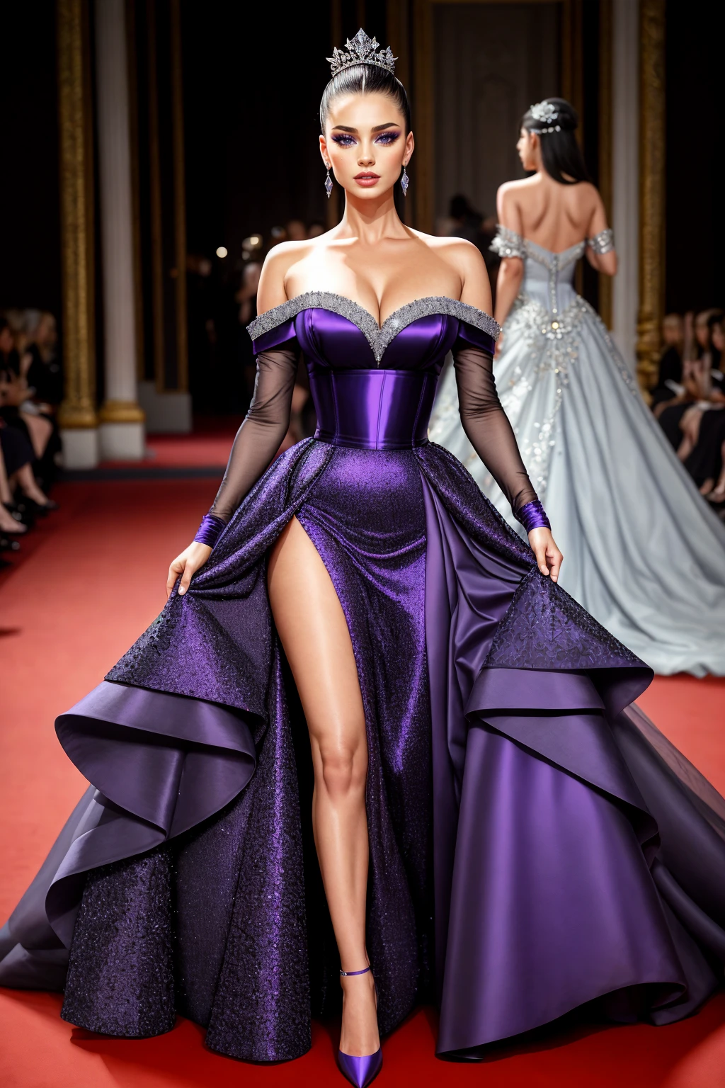 ((Masterpiece, best quality,edgQuality)),solo,1girl,
Haute_Couture, purple designer edgHC_dress,visible legs, woman wearing a Haute_Couture edgHC_dress, front view, fashion show background
<lora:edgHaute_Couture_MINI:1>