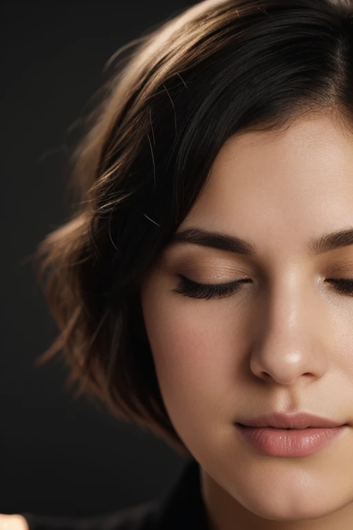 face closeup,closed eyes,beautiful girl,brunette,short hair,curly bob cut,dark theme, detailed skin, empty background