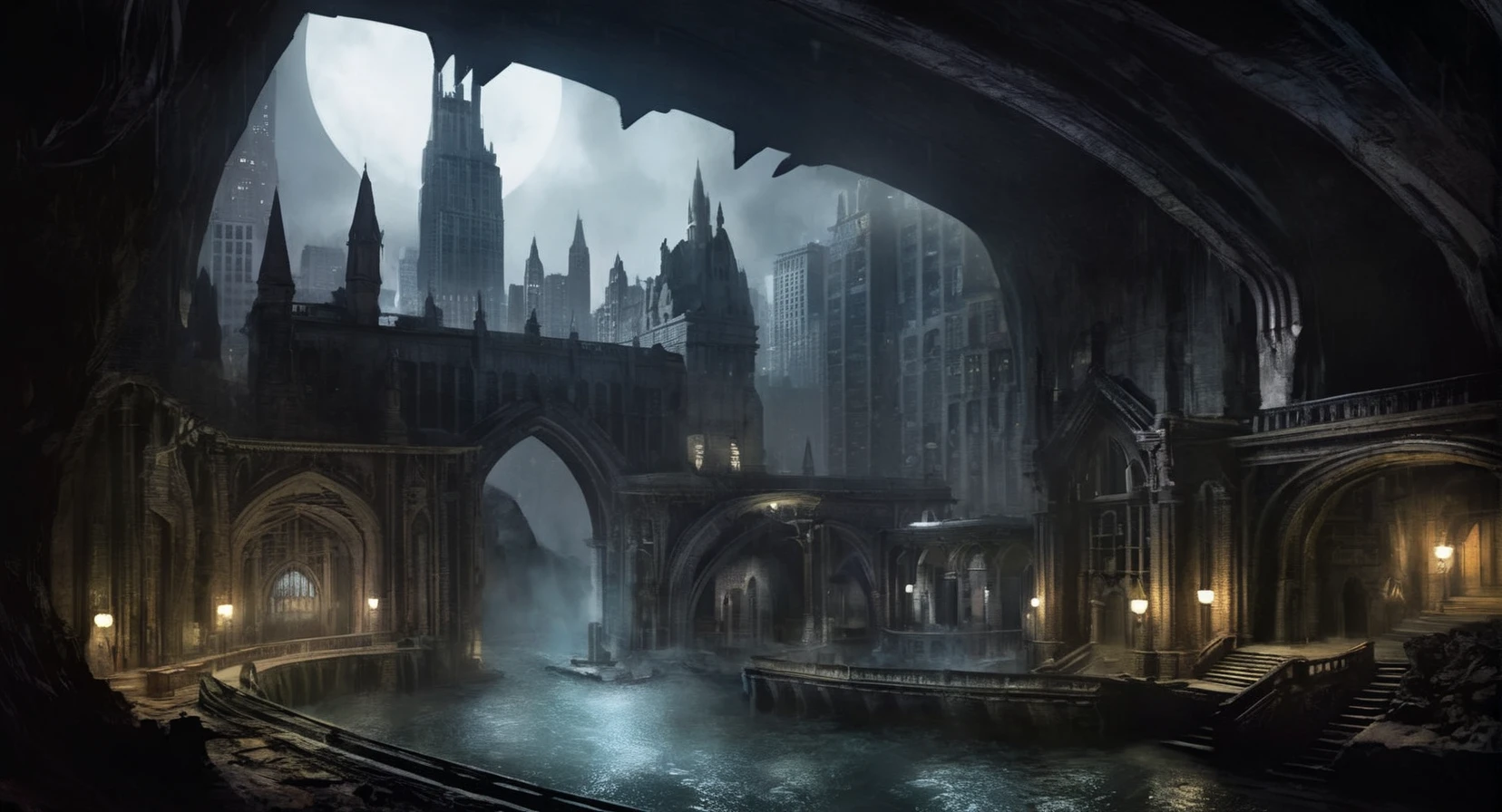 concept art of <lora:Gotham City:1.2>
Gotham City a gothic view of the batcave, digital artwork, illustrative, painterly, matte painting, highly detailed