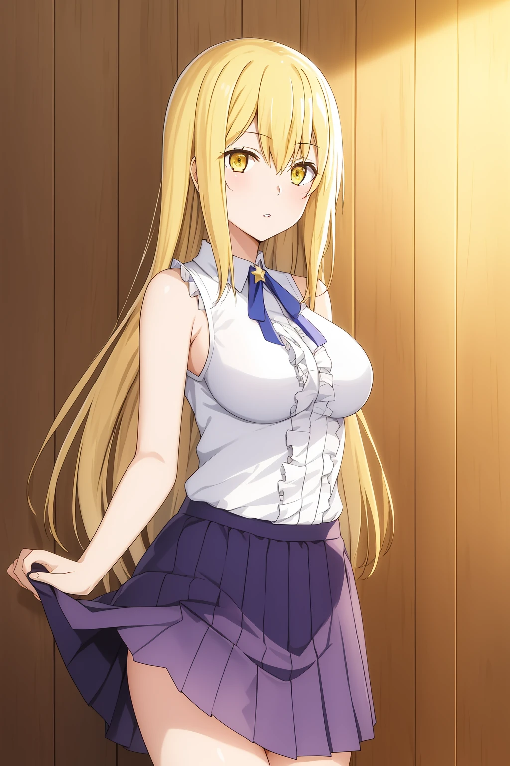 aiz, anime_art_style, 1girl, solo, long_hair, breasts, looking_at_viewer, bangs, skirt, blonde_hair, shirt, hair_between_eyes, bare_shoulders, medium_breasts, very_long_hair, standing, yellow_eyes, white_shirt, cowboy_shot, pleated_skirt, frills, parted_lips, sleeveless, indoors, star_(symbol), bare_arms, sleeveless_shirt, frilled_skirt, purple_skirt, skirt_hold, wooden_wall