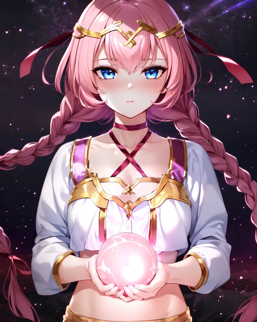 <lora:e7 Tenebria2:0.85> e7 Tenebria, long twin braids,
holding a pink orb of light, surrounded by a pink light, pink aura, power surge, stary night sky, (masterpiece), best quality, highres, 4k, 8k, Detailed Illustration, intricate detail, cinematic lighting, amazing quality, 1girl, fit female, amazing shading, soft lighting, facing camera, perfect eyes