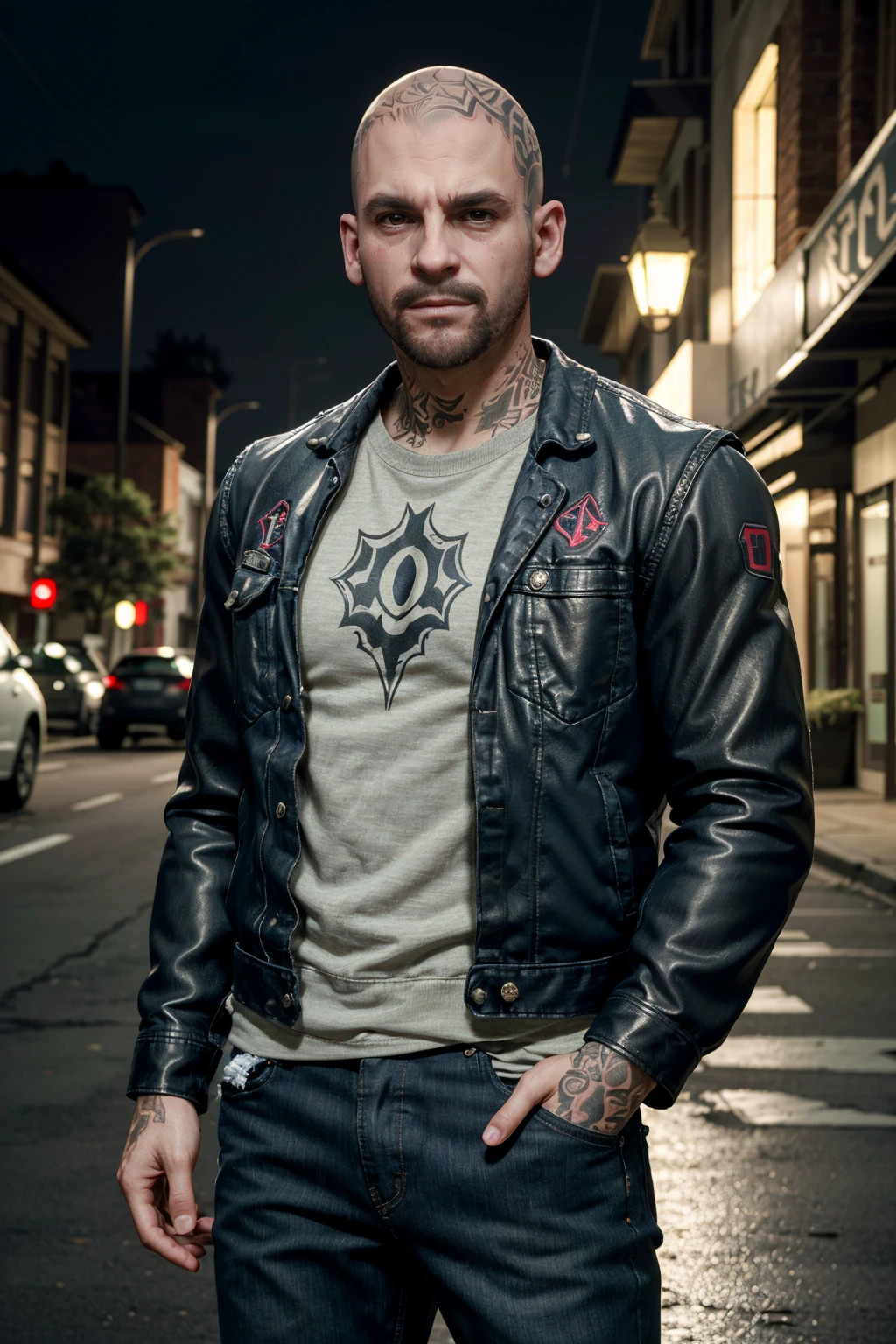 ((ultra detailed, masterpiece, best quality))
 <lora:DaysGoneBoozer:0.8>
DaysGoneBoozer, 1boy, solo, bald, Under the glow of a streetlamp, fitted leather jacket, casual yet stylish, a glimpse of tattoos visible, hands in pockets with a nonchalant pose