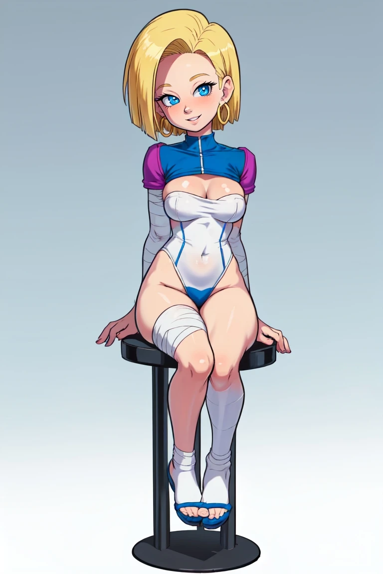 (masterpiece, best quality:1.1), (1girl, solo:1.12), (android 18:1.1), from dragon ball z, fair skin, short blonde hair, black and white battle outfit, blue eyes, gold hoop earrings, sarashi, bandages, breasts, sitting, lotus position, smile, looking at viewer, full body, parted lips, gradient background, white background
