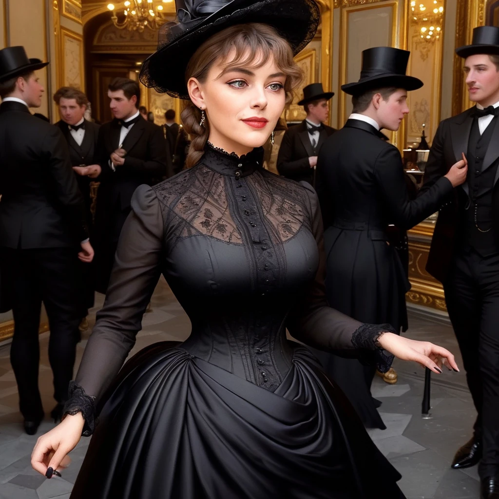 masterpiece, uhd, sharp color photo of a beautiful woman wearing a high-neck layered black dress, with a hat on, flirting with men at a Parisian cafe 1880_dr3ss <lora:1880_dress_v1:1>