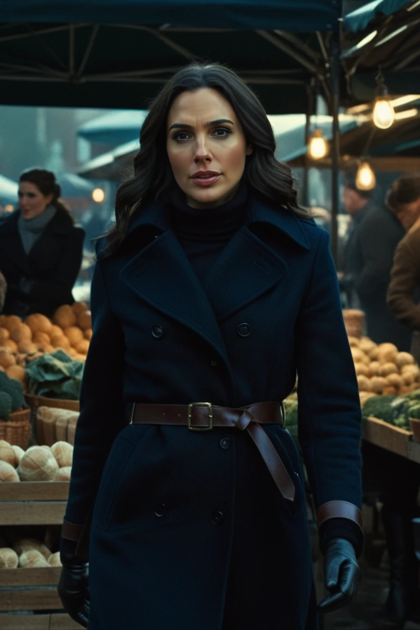 cinematic film still diana prince wearing belted wool coat, turtleneck, faux leather leggings, and knee-high boots at market stall, (tearful cry) <lora:Wonder_Woman_XL:0.8> . shallow depth of field, vignette, highly detailed, high budget Hollywood movie by greta gerwig, bokeh, cinemascope, moody, epic, gorgeous, film grain, grainy