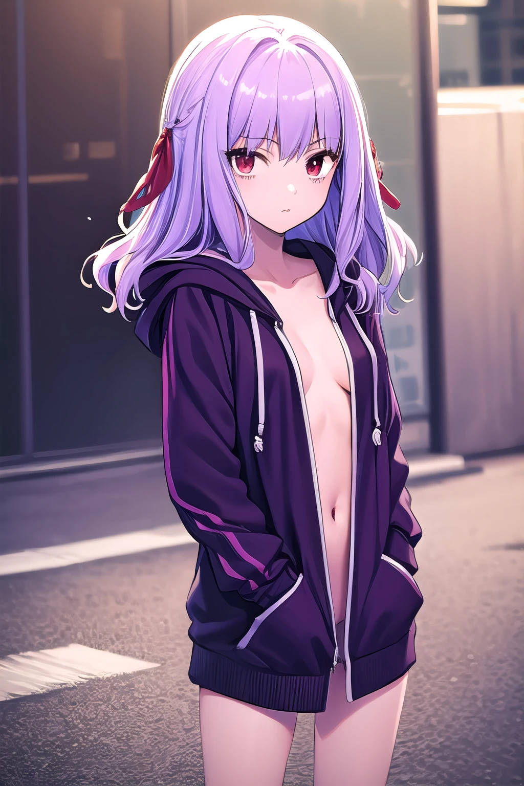 masterpiece, best quality, ultra-detailed, 1girl, hoodie, no bra, Yuka, purple hair, red eyes, red ribbons