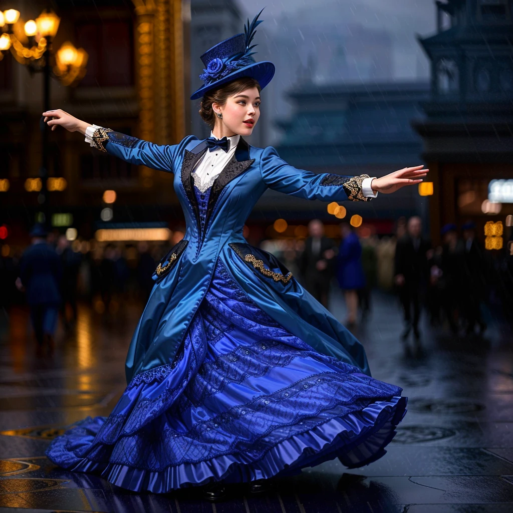 extreme detail, action shot, night, dynamic pose, dynamic angle, depth of field, wide angle shot, sharp, realistic, analog, elegant woman  wearing a layered blue and black velvet and lace dress and velvet  jacket  with a  tiny hat on, dancing in the rain at the world's fair, (crowd in background), electric lights rainy streets, reflections), 1880_dr3ss <lora:1880_dress_v1:1>