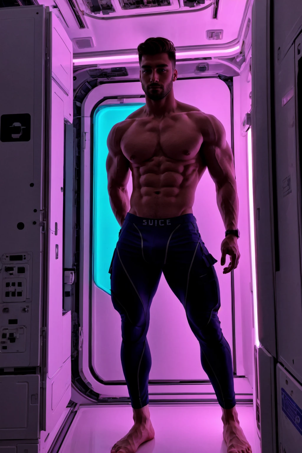 1bo, super muscular male model, undressing aboard a beautiful space station,neon lit futuristic bedroom aboard a space station, neon colors,
