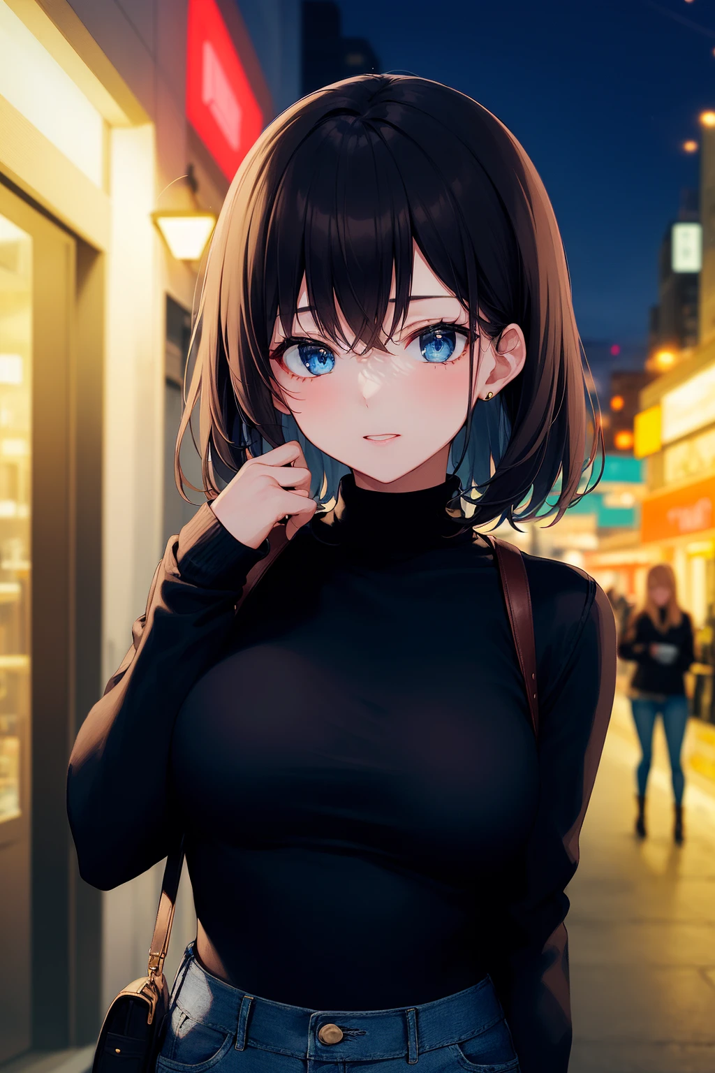 a girl, perfect face, upper body, night city street, from front, facing to viewer, two hands in front of chests, face to face, yuppy style, blue turtleneck sweater, dark denim jeans, leather boots, elegant,