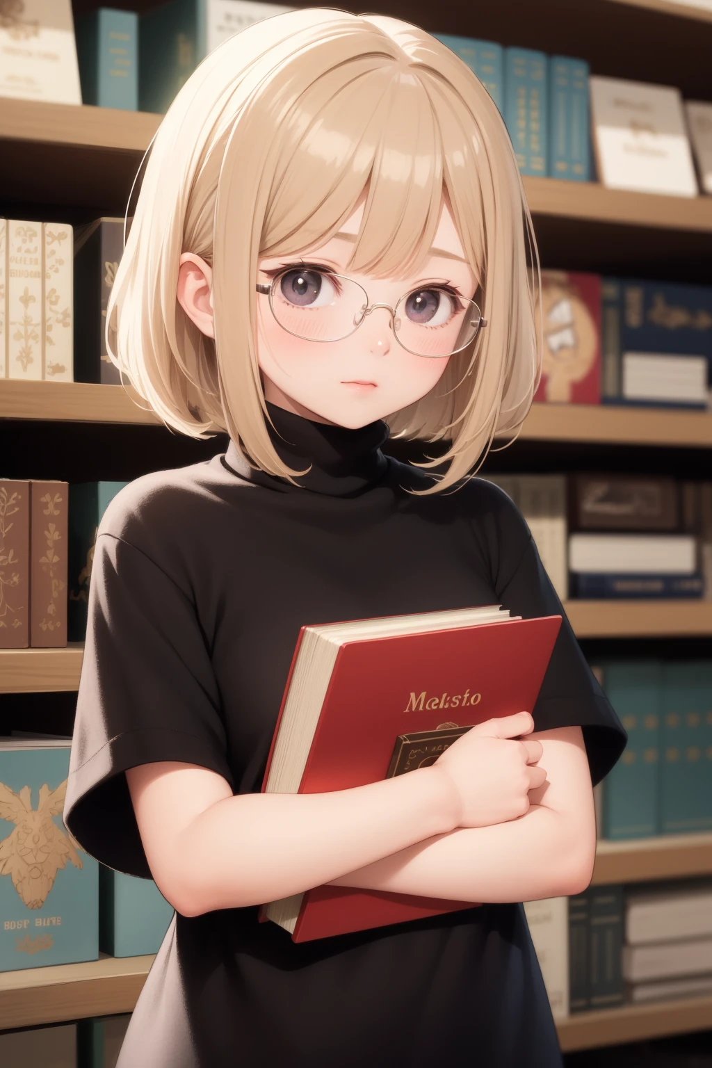 masterpiece, best quality, 1girl, light brown hair, medium hair, turtleneck, glasses, looking at viewer, library, blush, carrying book