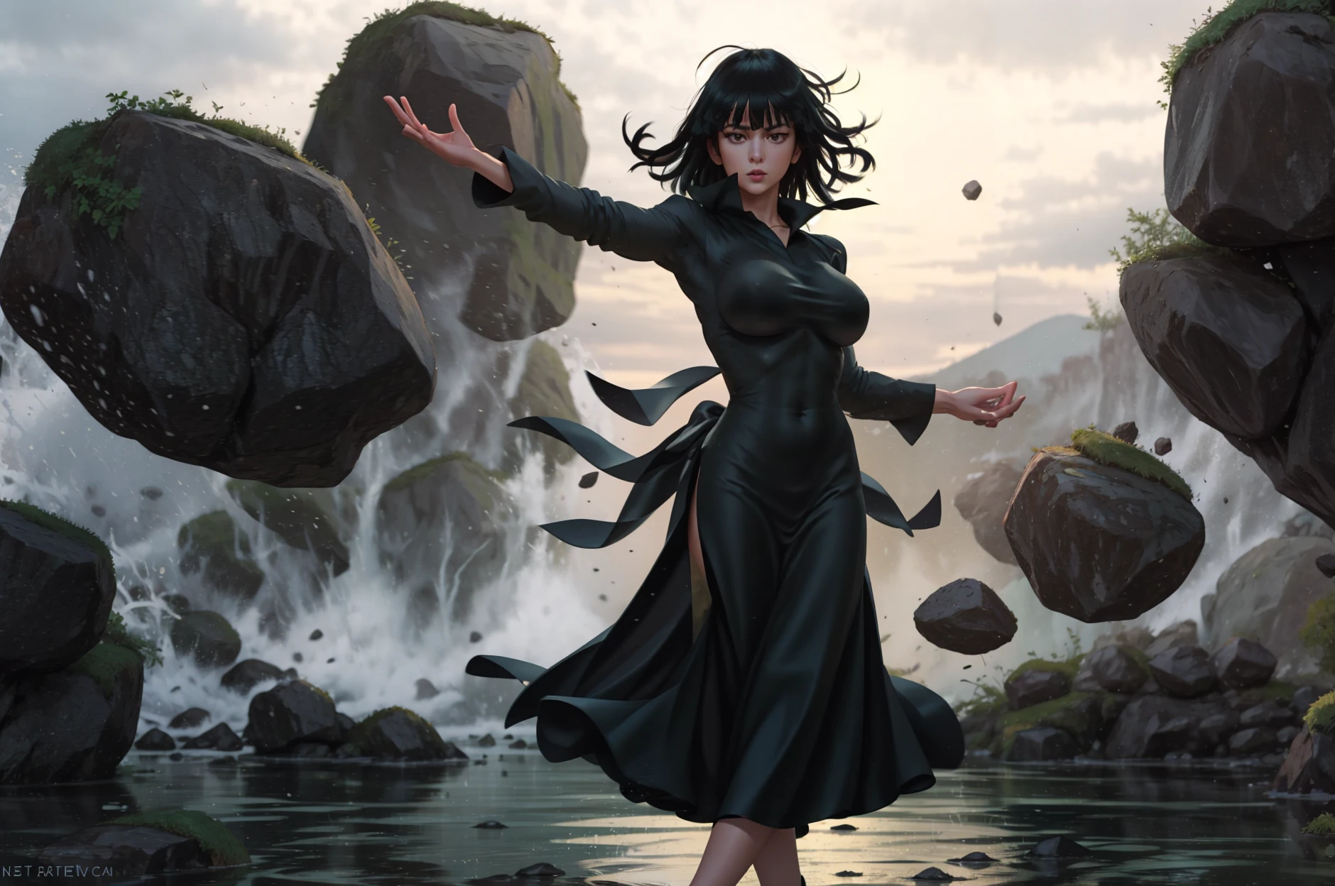 <lora:telekinesis-10:0.9> telekinesis, 1girl,  solo, raised arm, glowing, floating objects, water, floating rocks, strong wind, long sleeve, black dress, big breast,   floating, short dark green hair <lora:fubuki:0.85> fubuki