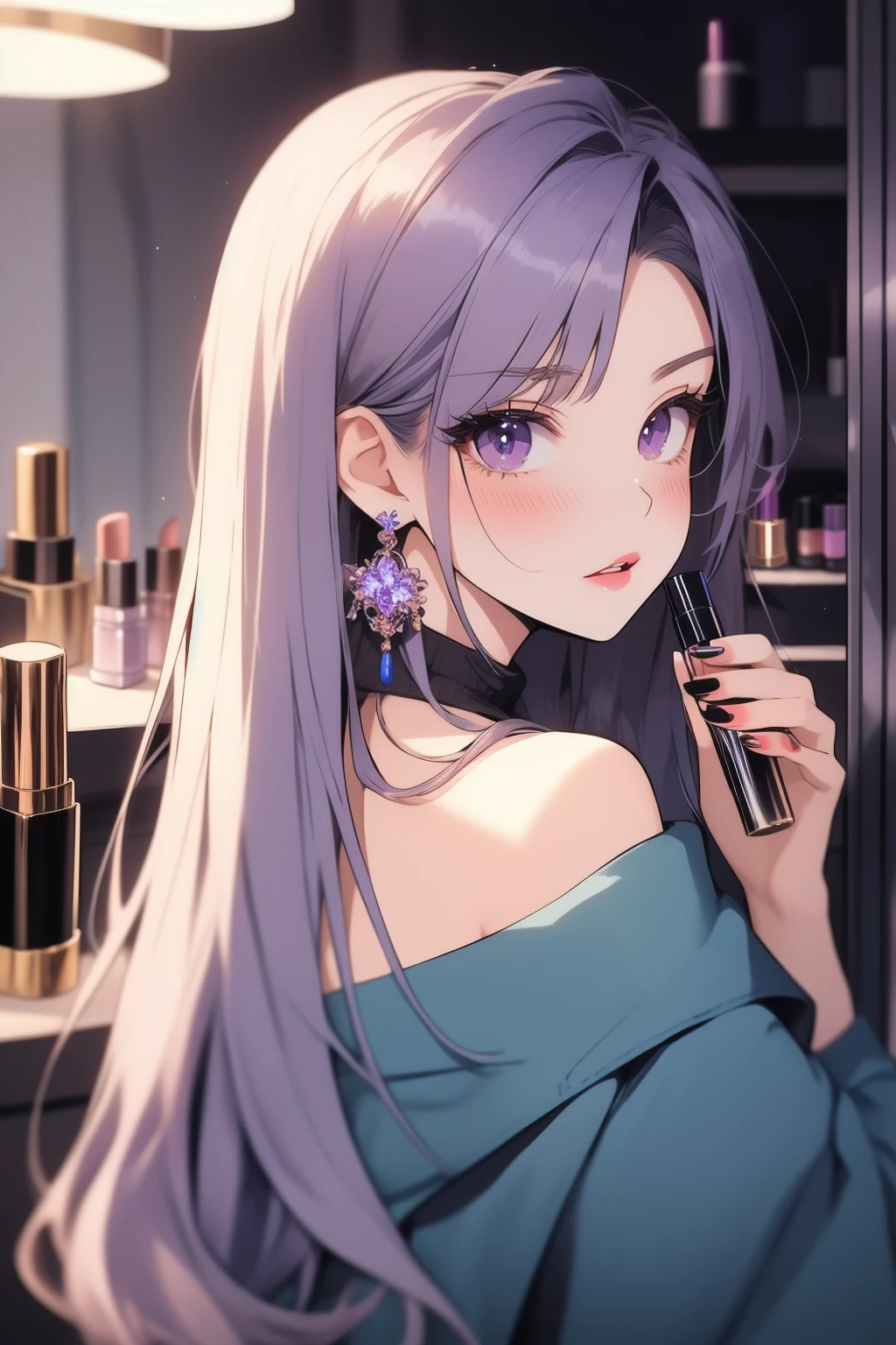 masterpiece, best quality,
illustration, 1girl, solo, purple eyes, long hair, makeup, looking at viewer, lipstick, blush, earrings, bangs, jewelry, long sleeves, holding, parted lips, nail polish, looking back, indoors, bare shoulders, upper body, jacket, from behind