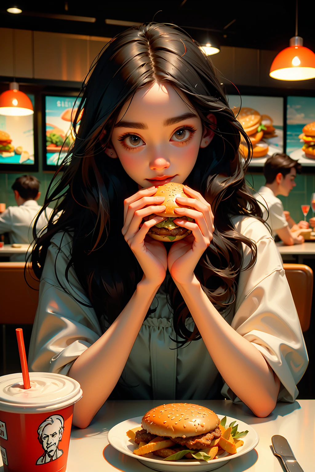 food,french fries,solo focus,restaurant,eating,cup,sitting,black hair,long hair,blurry,indoors,burger,depth of field,disposable cup,1girl,holding,multiple boys,chair,table,drinking straw,black eyes,multiple girls,faceless,blurry background,drink,pov across table,tray,kfc,realistic,
((((masterpiece)))),((((highly detailed)))),[[[realistic art]]],<lora:kfc:0.5:lbw=OUTALL>,