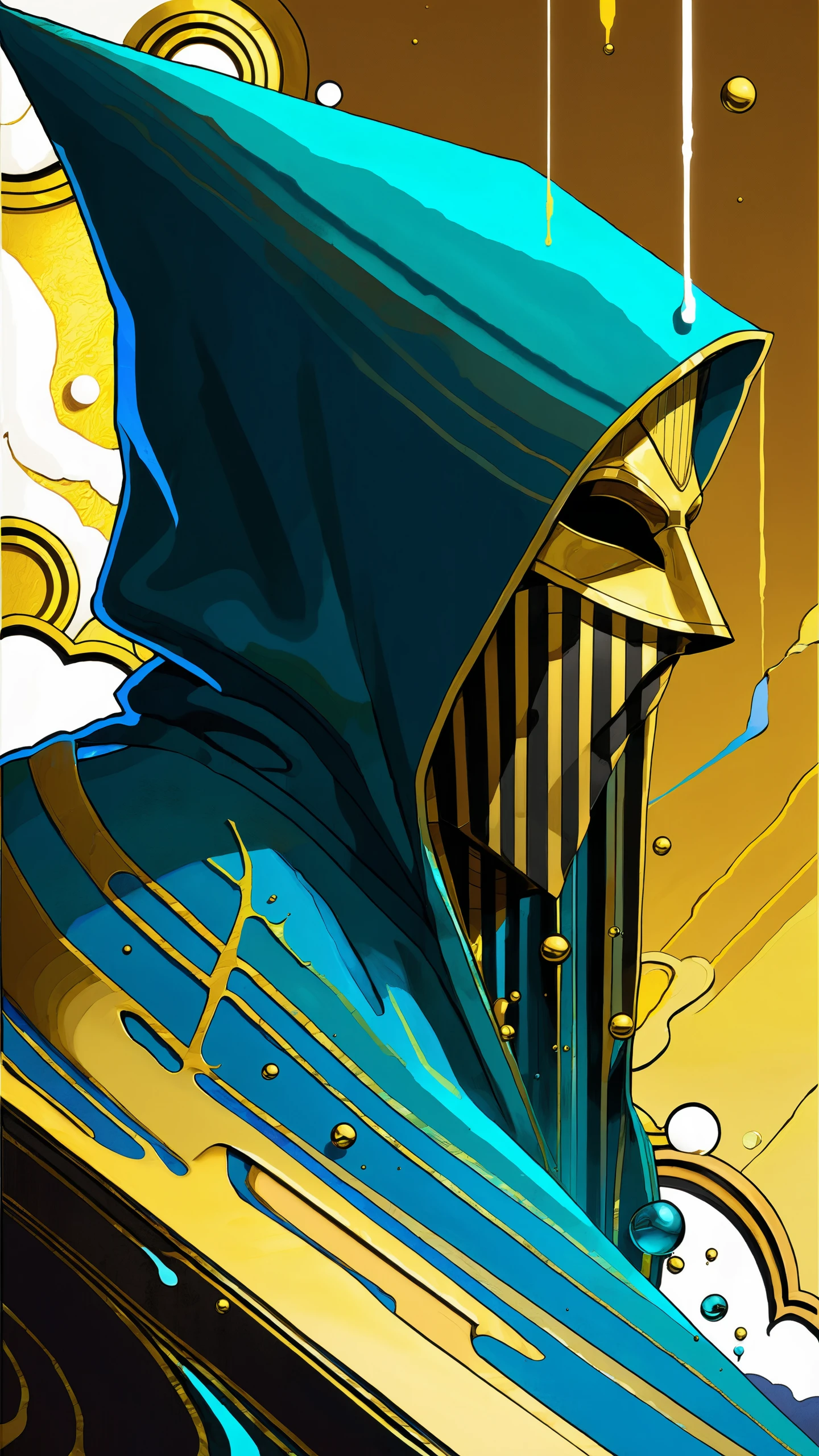 oniric portrait of a tall cloaked figure with a white mask, Azem the Traveler, yearning to explore the ends of the world to discover its wonders and help its denizens, by Andy Kehoe, a gradient masterpiece, blue cyan yellow, Rococopunk, luminism, seamless, China ink, Ink Bubbles, Gold leaf lines, alcohol ink elements, curved lines, cinematic, realism, chiaroscuro, Shadow play, Gold leaf small lines, bright splashes of alcohol ink puddles, volumetric light, auras, rays of sunlight, bright colors reflect, isometric, digital art, smog, pollution, toxic waste, chimneys and railroads, 3 d render, octane render, volumetrics, by greg rutkowski
