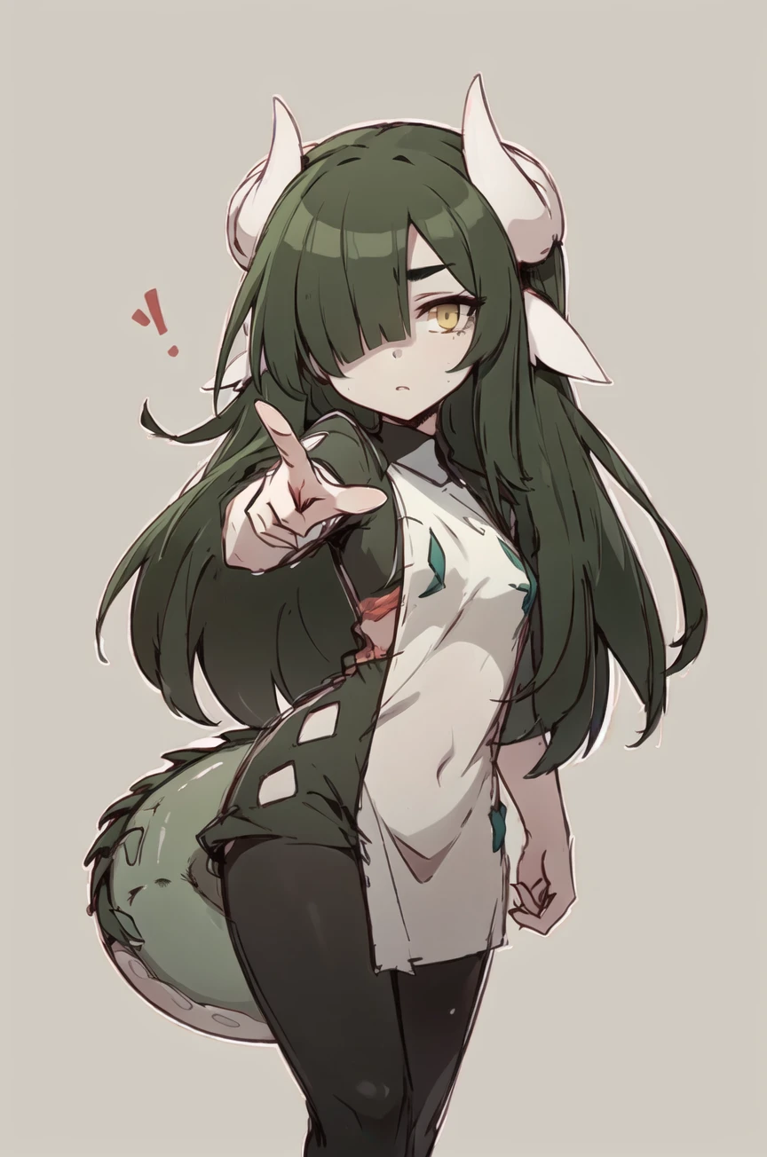 <lora:Verimeen_Alternative:1>, (Verimeen), 1girl, green hair, long hair, green skin, dragon tail, yellow eye, animal ears, white horns, hair over one eye, simple background, long tunic, black tunic, pointing viewer, expressionless