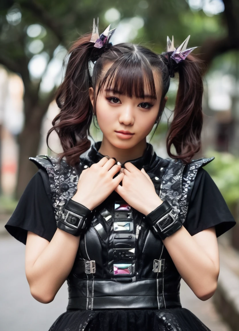 realistic, photorealistic, detailed, beautiful, RAW photo, film grain, (natural lighting :1.2), japanese, woman, raw photo, photo background, twintails, m0akiku, punk style, black outfit, 20 years old, detailed black eyes, bokeh, baby metal, <lora:m0akiku -000008:1>
