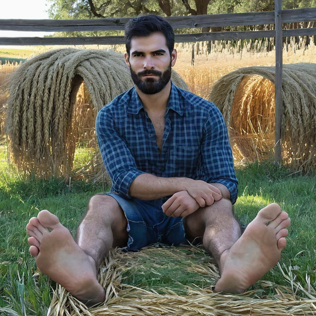 a highly detailed full shot of handsome man sitting  on field wheat, footpose,solo in summer flannel shirt,nicely posed, rural life,  foot focus,body symmetry, nature landscape at farm house, barefoot, male soles, toes, showing his feet, inspired by Tyler Hoechlin,  pixiv, designed by Diego Rivera ,Giacomo Balla,shallow depth of field, vignette, highly detailed,male foot, high budget, bokeh, cinemascope, moody, epic, gorgeous, film grain, grainy <lora:footpose-11v_sdxl_lora-000028:1>