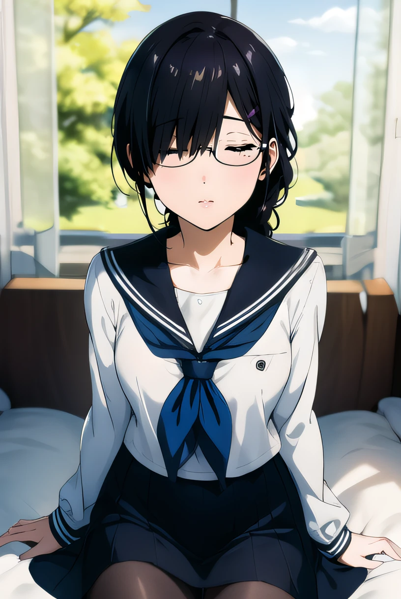 masterpiece, best quality, official art, professional artwork, highres, lens flare, (vibrant_color:1.2), <lora:Kaho:0.8>, kaho, school uniform, sitting on bed, cowboy shot, black skirt, looking at viewer, white shirt, (frontal view, front view), [perfect hands:1.2, detailed hands:1.2, perfect fingers:1.2, detailed fingers:1.2, five fingers], on bed, black pantyhose, long sleeves, <lora:incoming_kiss:1>, incoming kiss:1.3, collarbone, (arms at sides:1.2, hands at sides:1.1, closed eyes:1.1)