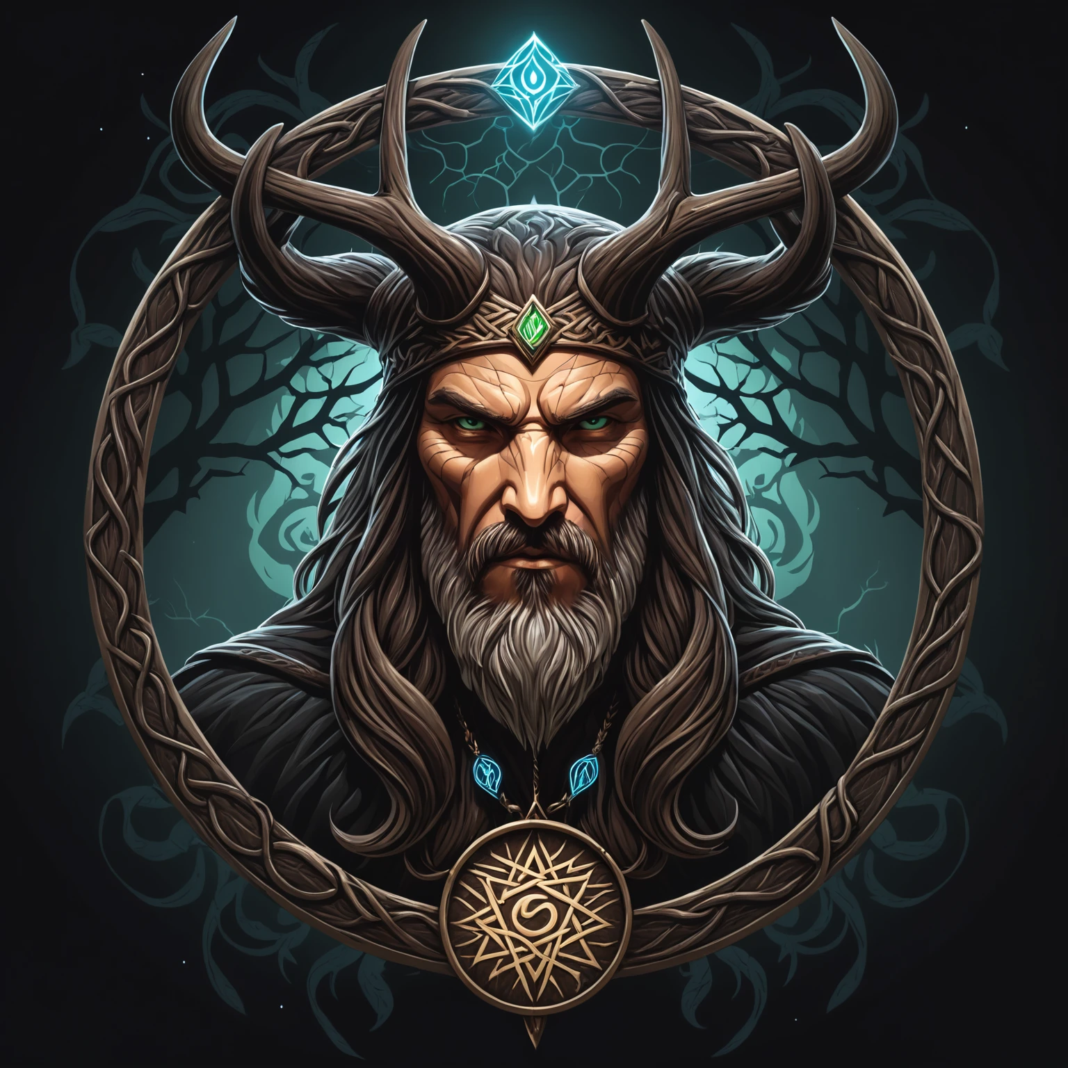 Epic artwork vector logo insane details odin hanging on yggdrasil, glowing runes, undefined