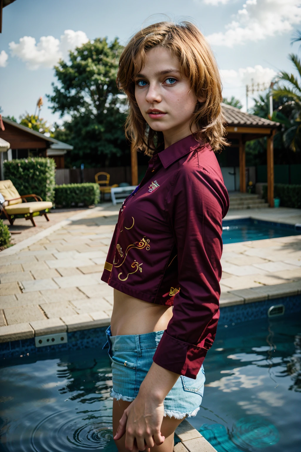 (masterpiece, best quality, highres, high resolution:1.2), (cowboy shot), swimming pool, outdoors,
cinematic lighting, coherent light, coherent shadows, depth of field, highres, 35mm photograph, film grain, film stock photograph ,kodak portra 400 ,camera f1.6 lens , rich colors ,hyper realistic , lifelike texture,
detailed face, detailed eyes, detailed skin, extremely detailed, intricate details,
(1girl, 19 years old), <lora:YoM_NGFelicity:1>, yom_ngfelicity, solo, realistic, blonde hair, blue eyes, (medium breasts:1.2), shirt, short shorts, from side,